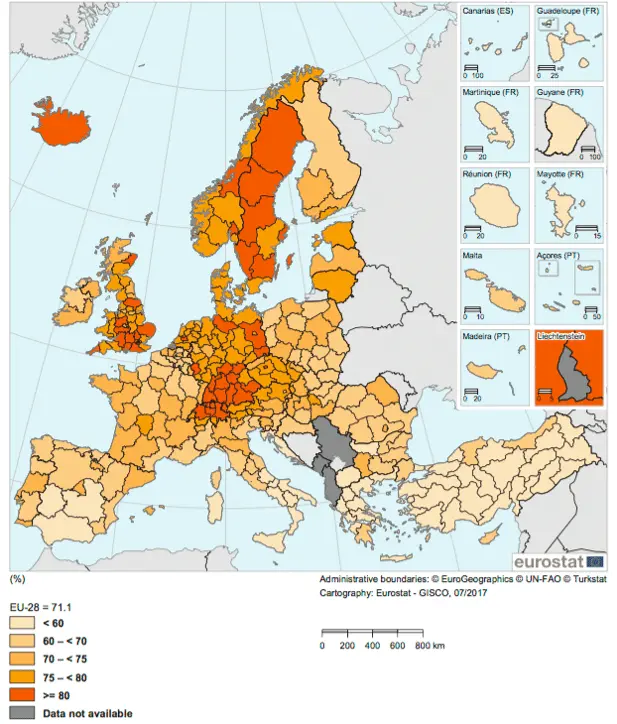 Stope zaposlenosti za europske regije 2016.