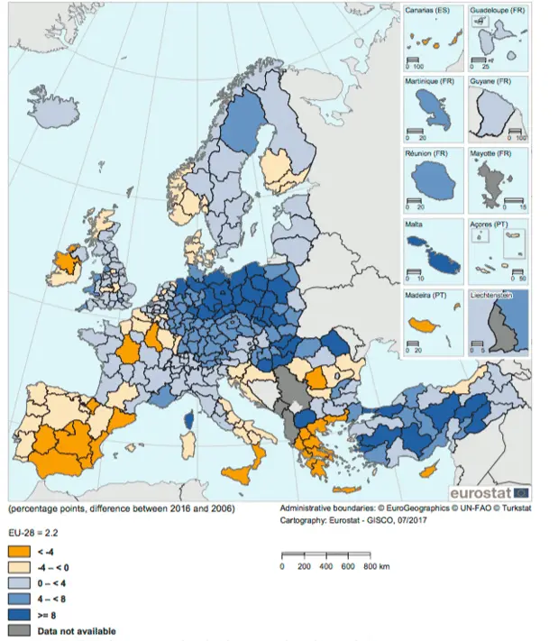 Promjene stopa zaposlenosti za europske regije 2006. -2016.