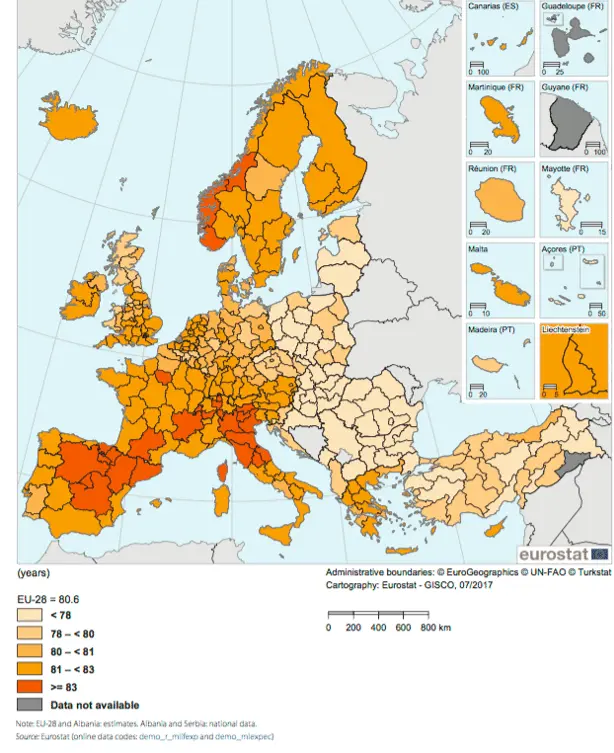 Očekivani životni vijek po europskim regijama 2006- 2016.
.